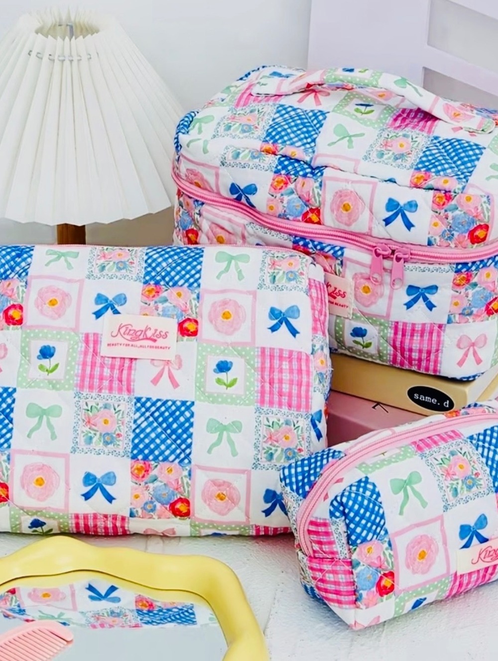 New -Adorable 3Pcs Cosmetics/Toiletries Set in a Patchwork Style Design